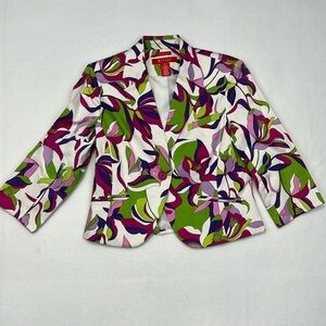A-Line Petite Vibrant Jewel Tone Floral Stretch 3/4 Sleeve one Button Blazer 10P